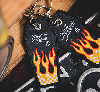 cool burn it down embroidered key tags