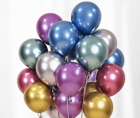 metallic gold, silver, red helium balloons for birthday