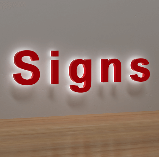 Letrero de letra de canal con iluminación lateral y superficie acrílica roja