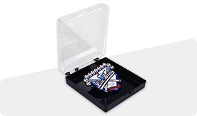 plastic box of baseball pins