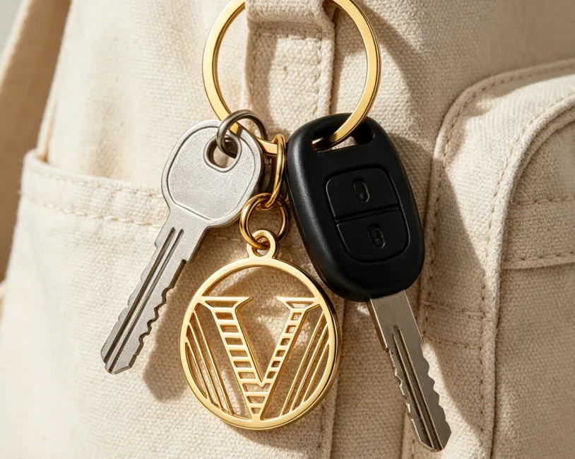 Custom gold 'V' logo keychain with car fob and key Custom gold 'V' logo keychain with car fob and key