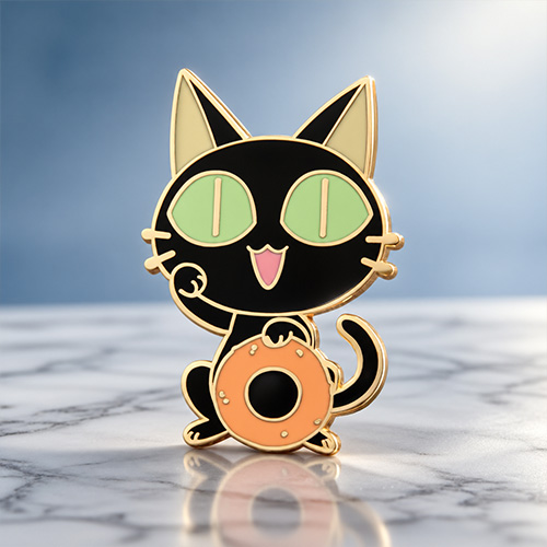 Cute Black Cat Holding Donut Enamel Pins