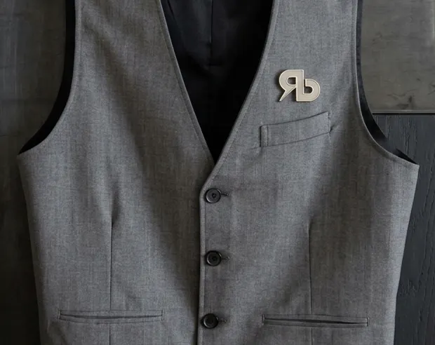 A custom silver cutout letter RB logo pin on a grey suit vest