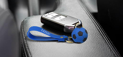 Soccer Ball Wrist Strap Key Chain Blue Logo