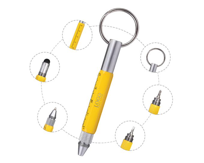Functional 6-In-1 Tool Stylus Twist Pen With Keychain Yellow