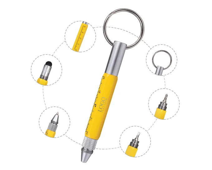 Functional 6-In-1 Tool Stylus Twist Pen With Keychain Yellow