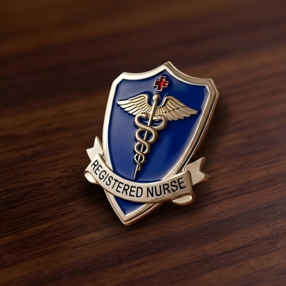 Gold shield shaped blue Registered Nurse pin on wood