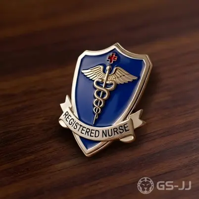 Gold shield shaped blue Registered Nurse pin on wood Gold shield shaped blue Registered Nurse pin on wood