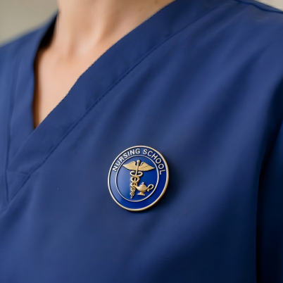 Custom gold nursing school pin on scrubs