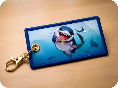 Custom fabric printed keychain with a cartoon shark design