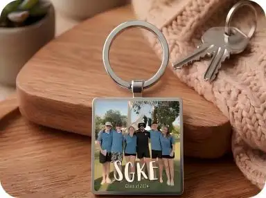 Custom metal printed keychain with a group photo