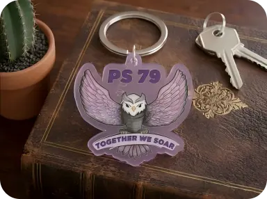 Custom acrylic printed keychain with a purple owl design