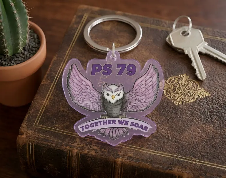 Custom acrylic printed keychain with a purple owl design
