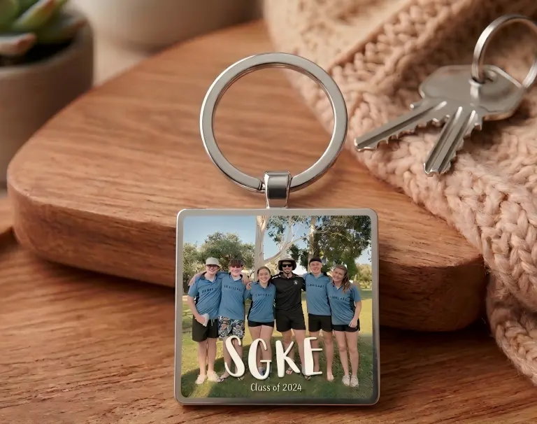 Custom metal printed keychain with a group photo