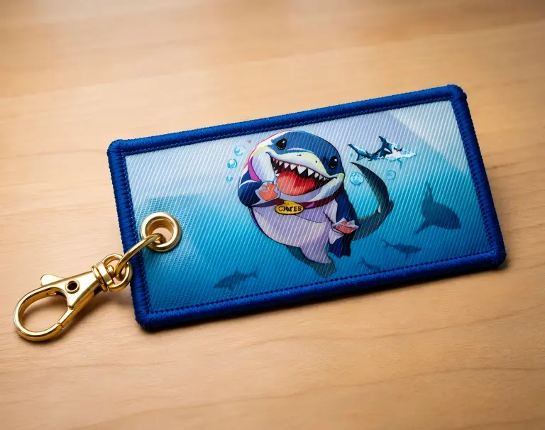 Custom fabric printed keychain with a cartoon shark design