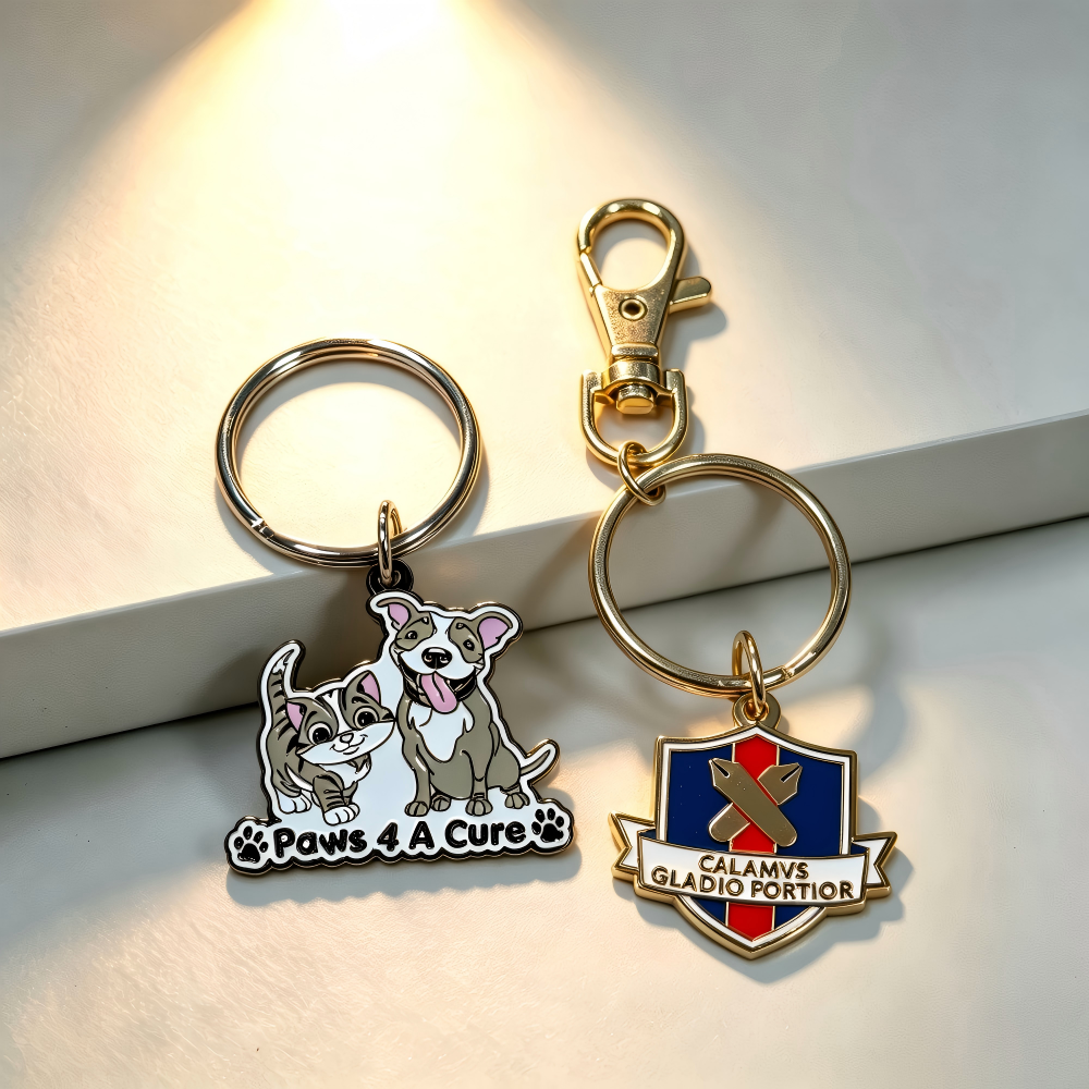 Soft enamel keychain (left) and hard enamel keychain (right)