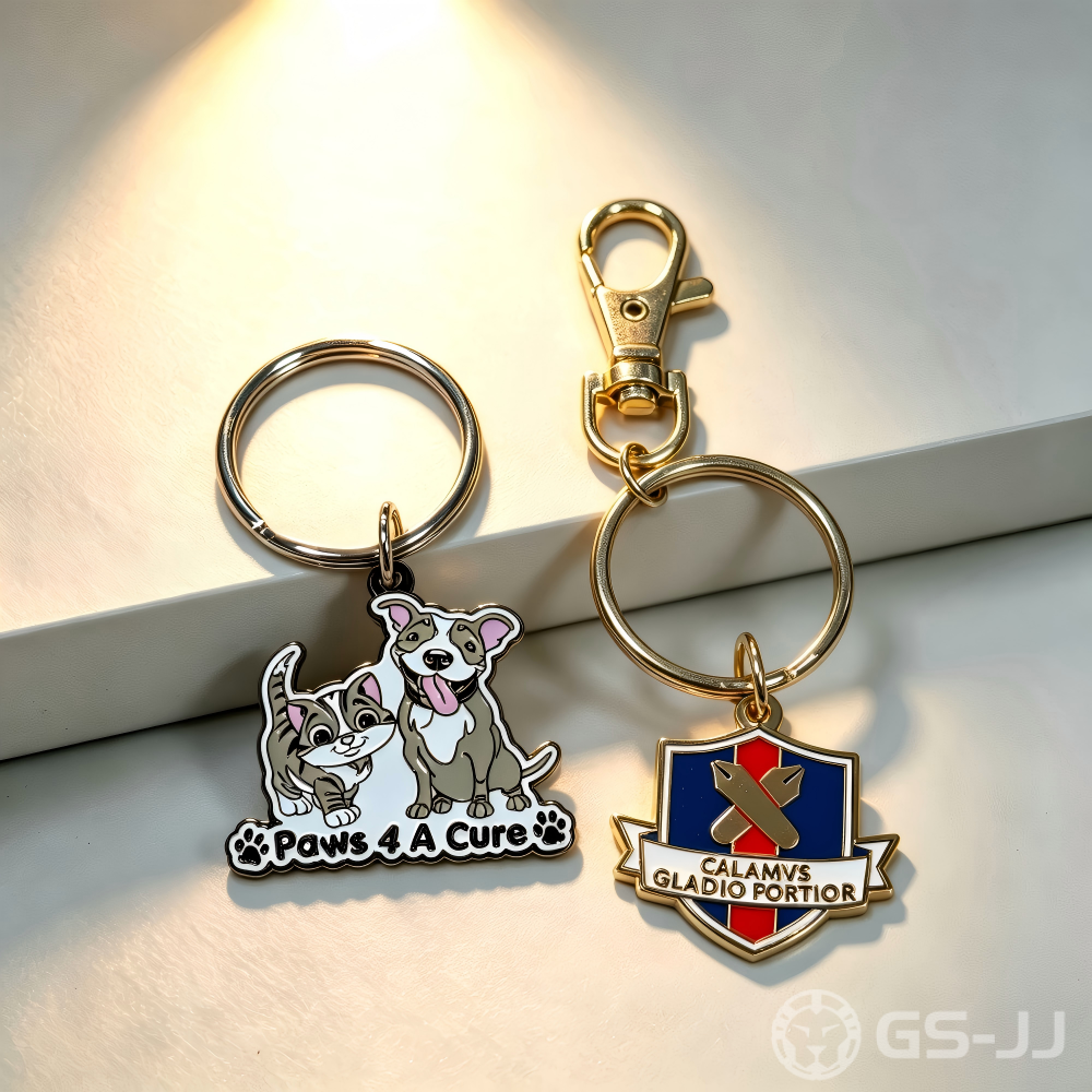 Soft enamel keychain (left) and hard enamel keychain (right) Soft enamel keychain (left) and hard enamel keychain (right)
