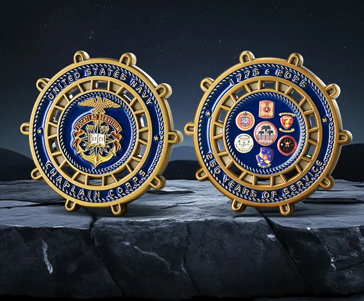 U.S. Navy Chaplain Corps 250th Anniversary Ship Wheel Challenge Coin U.S. Navy Chaplain Corps 250th Anniversary Ship Wheel Challenge Coin