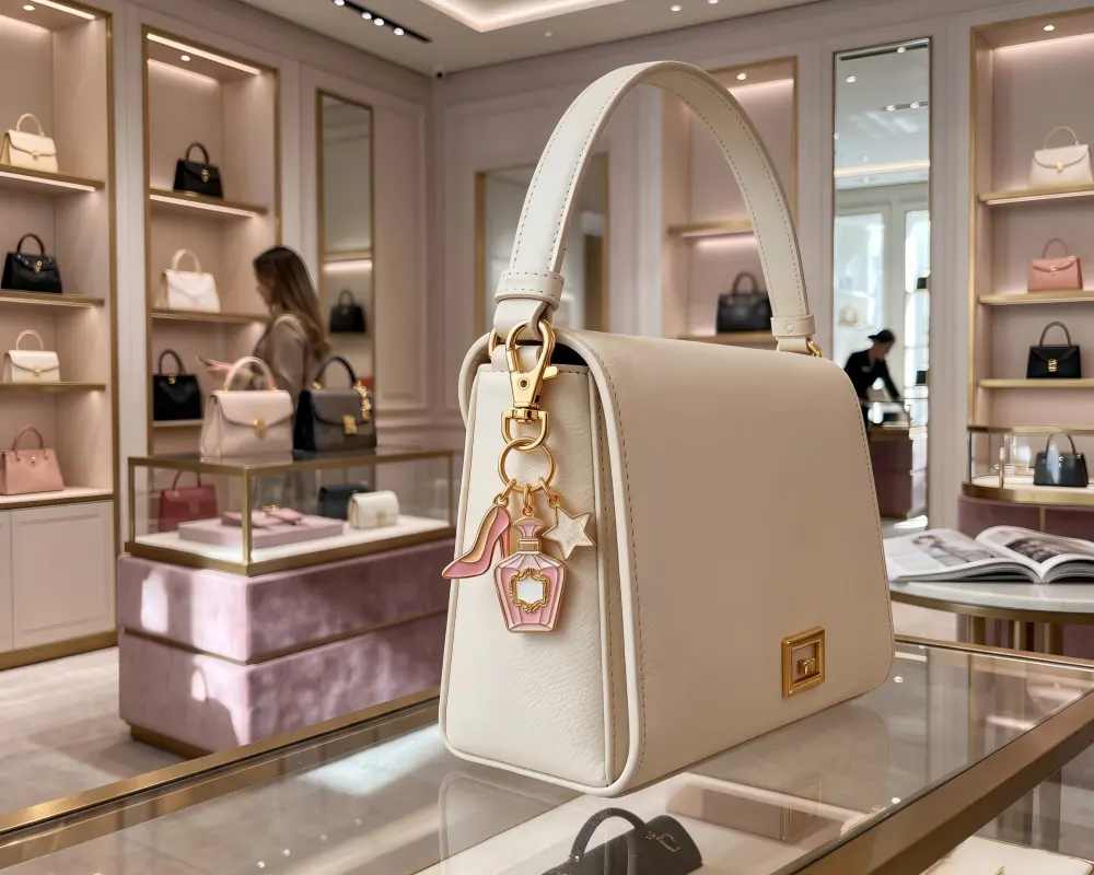 Pink perfume bottle custom enamel charm on a luxury handbag