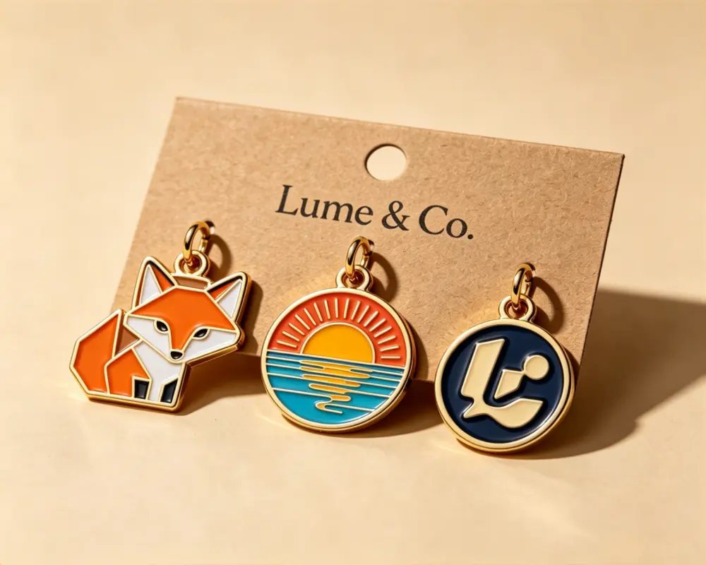 Three custom hard enamel logo charms on backing cards
