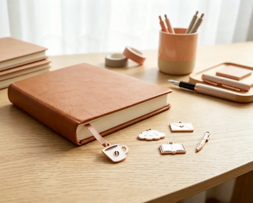 Mini coffee cup enamel bookmark charm on a leather journal