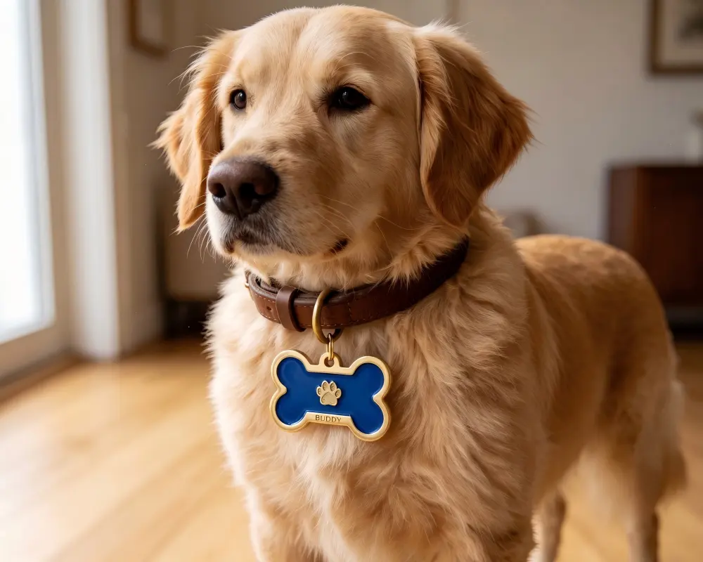 Bone-shaped custom enamel pet ID tag on a dog collar