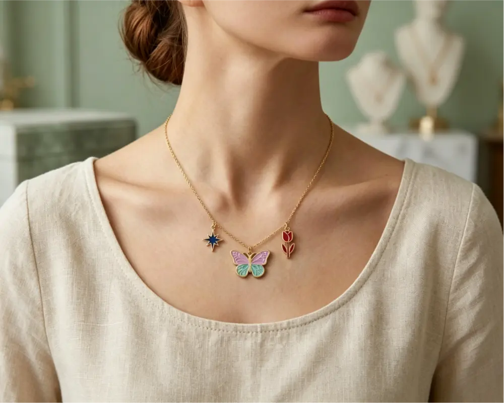 Custom enamel butterfly charm on a gold necklace