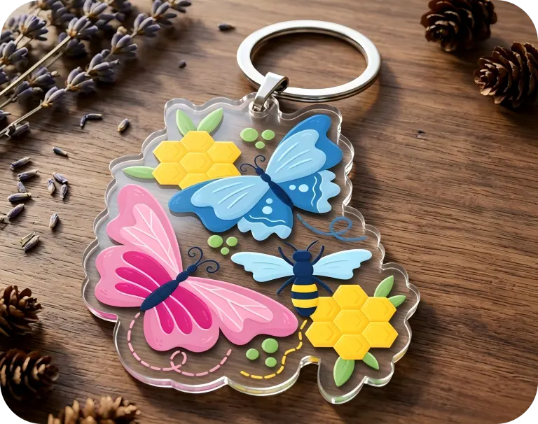 Custom acrylic printed keychain with a purple owl design