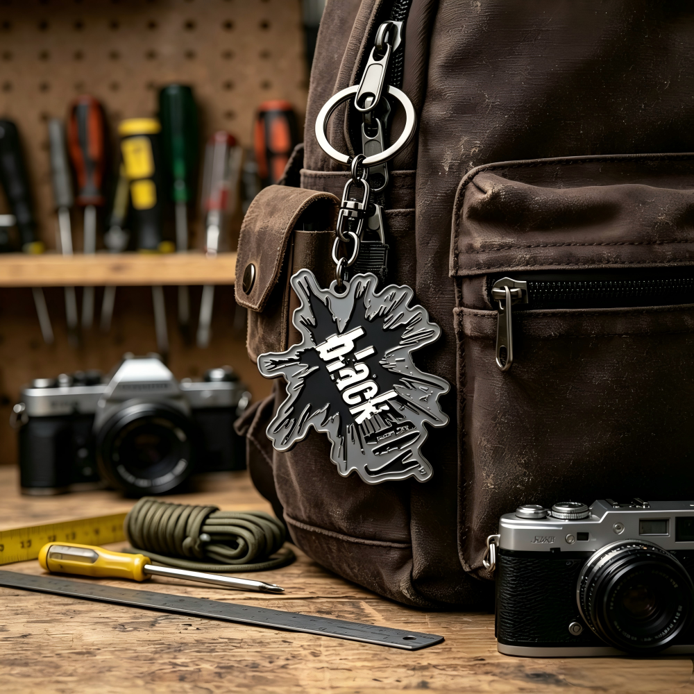 Rugged Industrial Style Soft Enamel Keychain on Backpack Rugged Industrial Style Soft Enamel Keychain on Backpack
