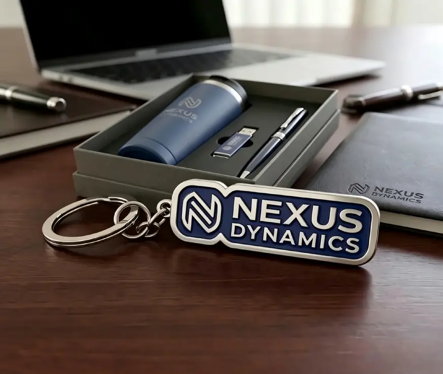 Custom metal keychain with company logo displayed alongside executive gift set for custom logo keychains wholesale orders Custom metal keychain with company logo displayed alongside executive gift set for custom logo keychains wholesale orders