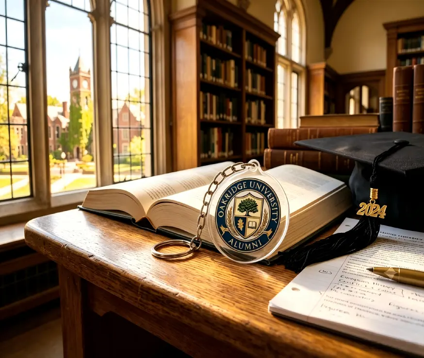 Gold university alumni seal keychain on library textbook tailored for custom logo keychains wholesale for schools Gold university alumni seal keychain on library textbook tailored for custom logo keychains wholesale for schools