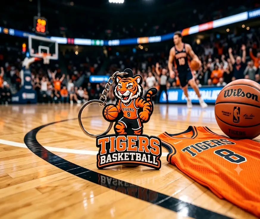 3D soft PVC tiger mascot keychain on basketball court for custom logo keychains bulk sports merchandise 3D soft PVC tiger mascot keychain on basketball court for custom logo keychains bulk sports merchandise