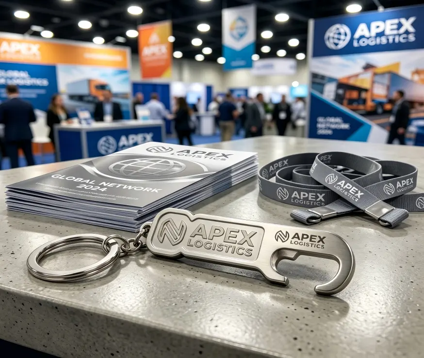 Metal bottle opener keychain on a trade show booth table perfect for custom logo keychains bulk giveaways Metal bottle opener keychain on a trade show booth table perfect for custom logo keychains bulk giveaways