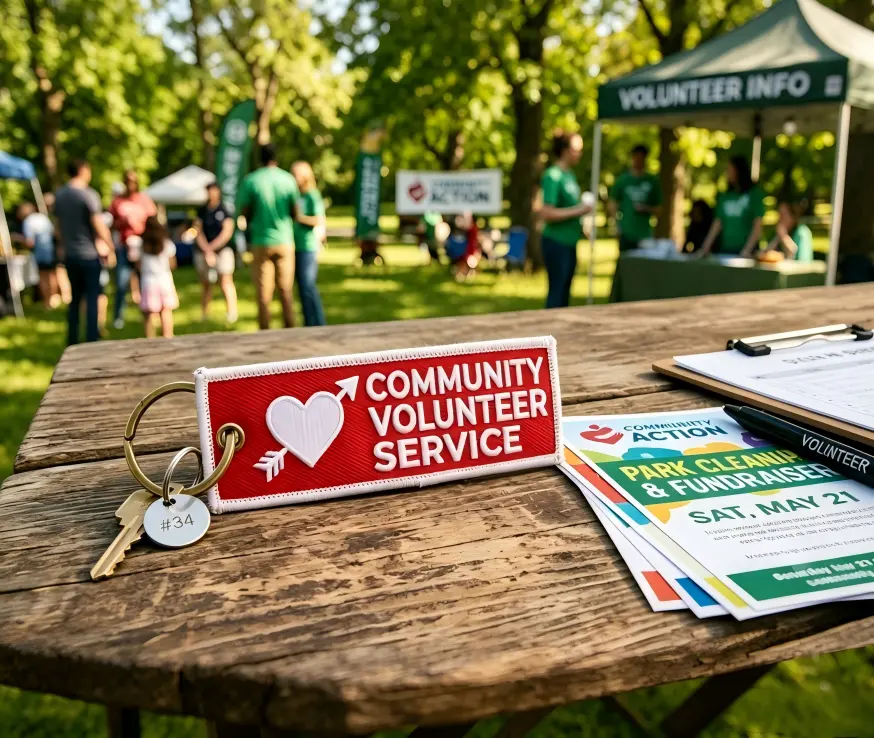 Red embroidered volunteer key tag on outdoor event table for custom logo keychains no minimum charity campaigns Red embroidered volunteer key tag on outdoor event table for custom logo keychains no minimum charity campaigns