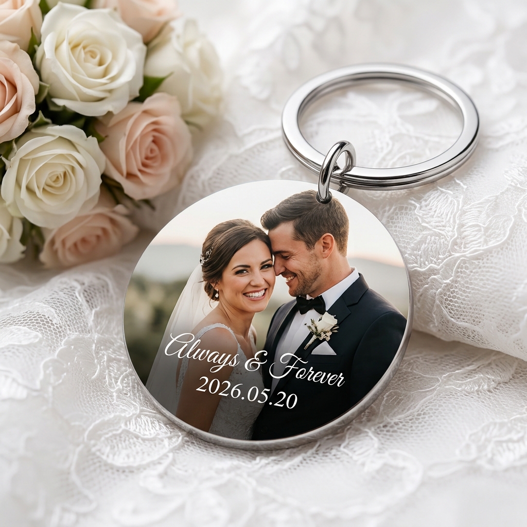 Silver Custom Wedding Photo Keychain