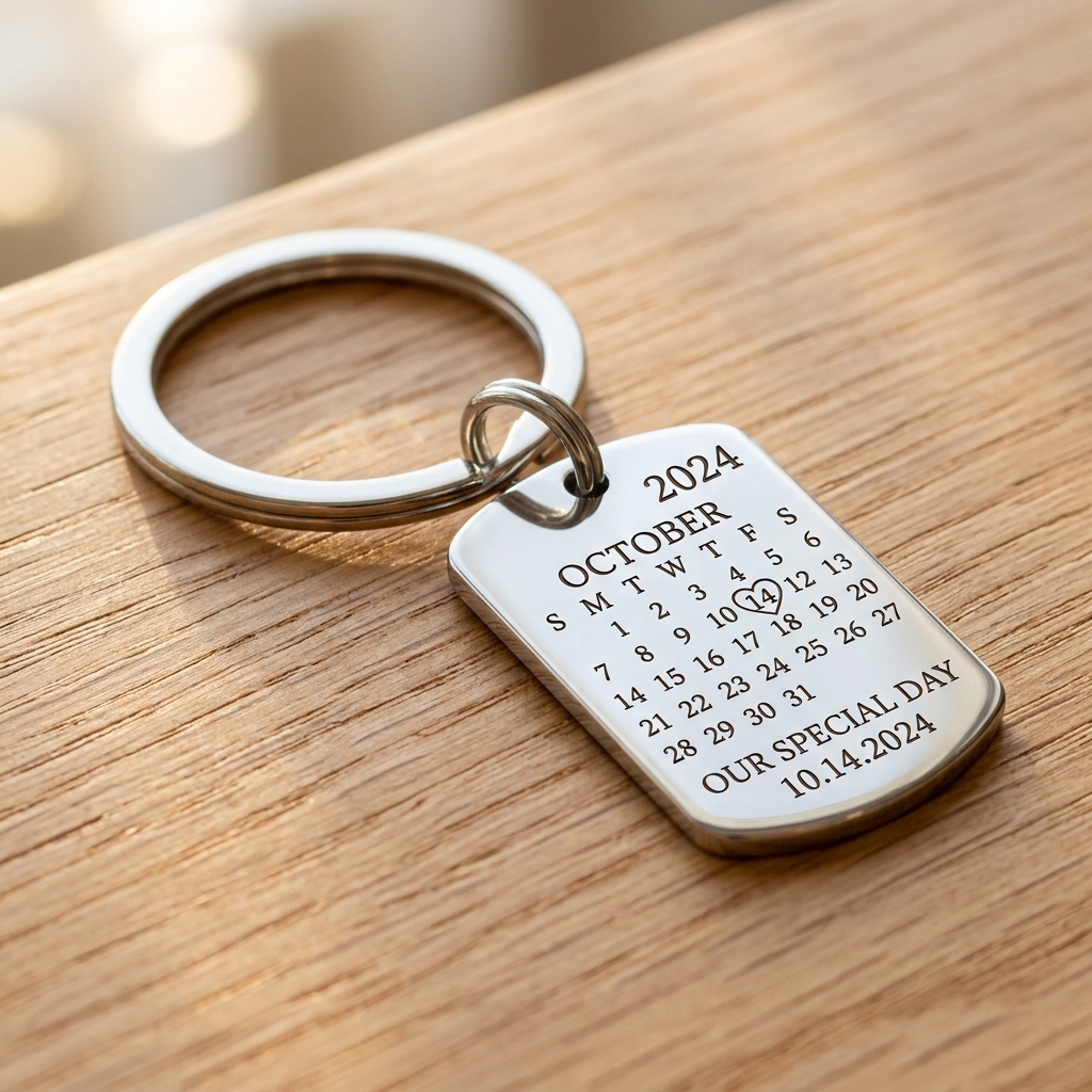 Silver Engraved Custom Calendar Keychain