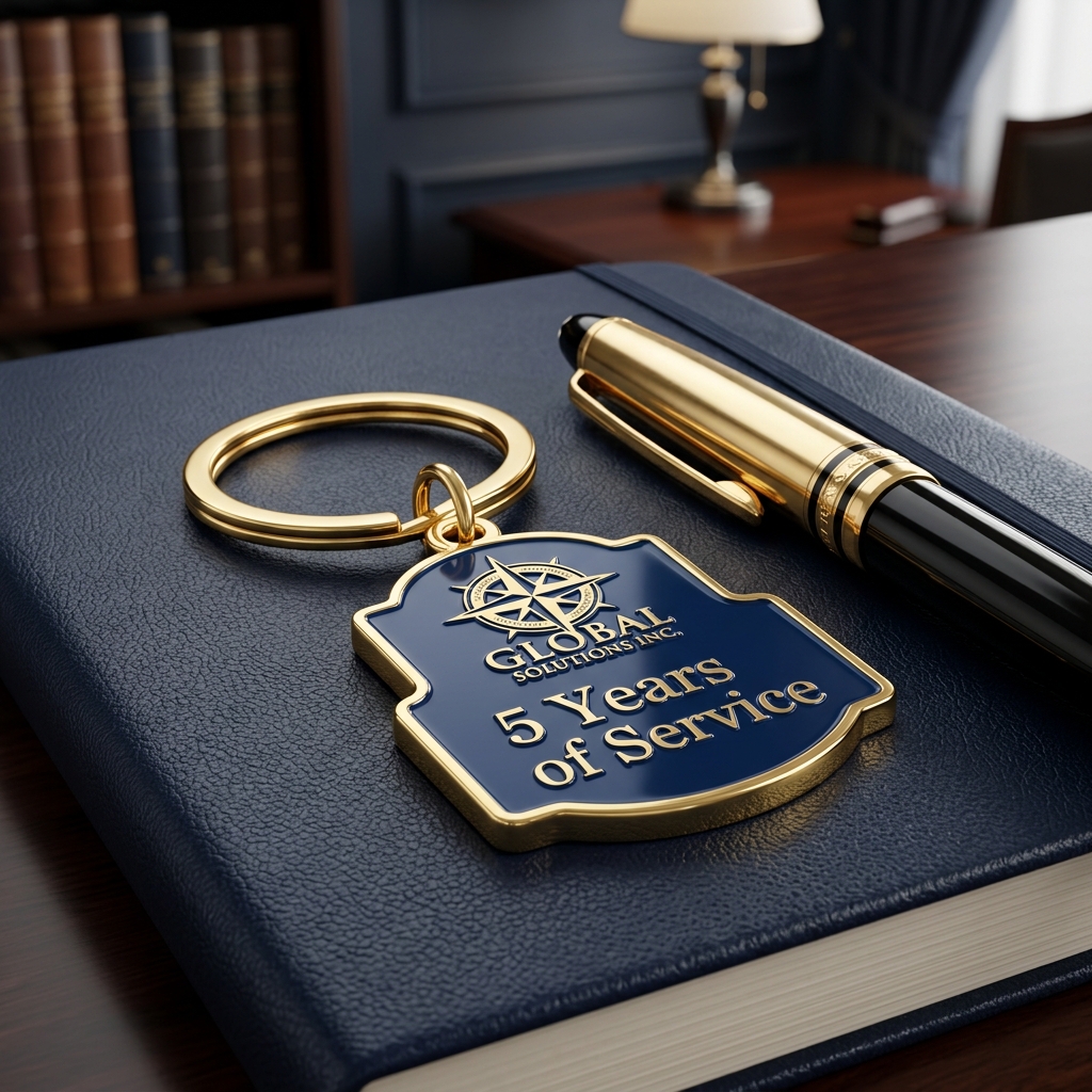 Gold & Blue Enamel Corporate Service Award Keychain