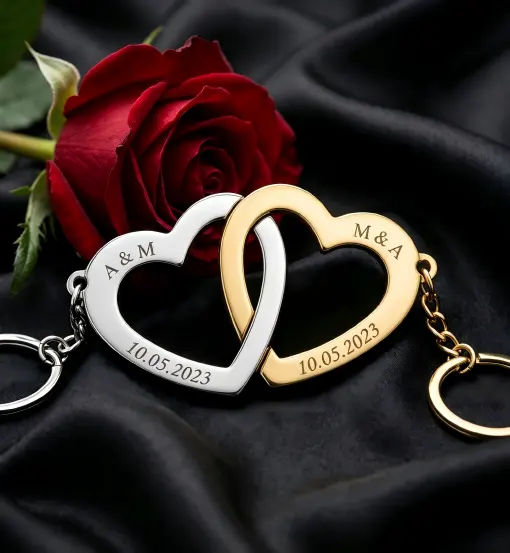 Interlocking heart-shaped silver and gold couple keychains with engraved initials and date next to a red rose