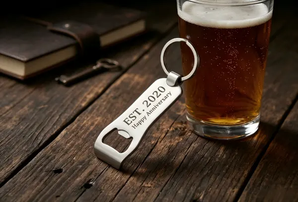 Stainless steel bottle opener anniversary keychain engraved with EST 2020 on wooden tabletop