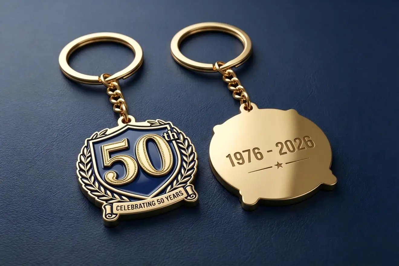 Custom 50th Corporate Anniversary Gold Keychain Front and Back Display Custom 50th Corporate Anniversary Gold Keychain Front and Back Display