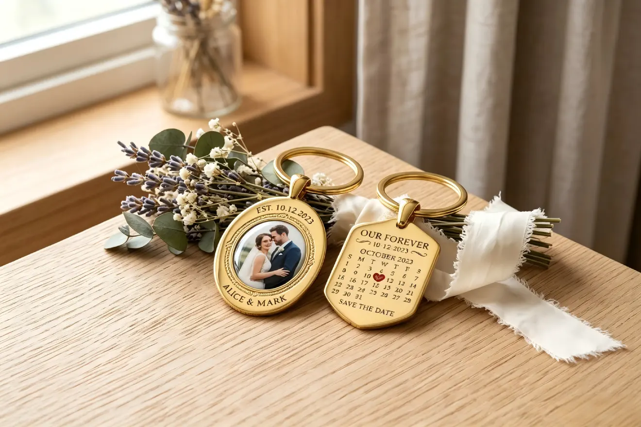 Custom engraved metal calendar keychain for wedding anniversary gift