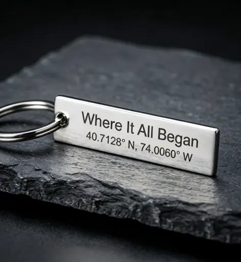 Flat rectangular silver metal keychain laser engraved with GPS coordinates and Where It All Began