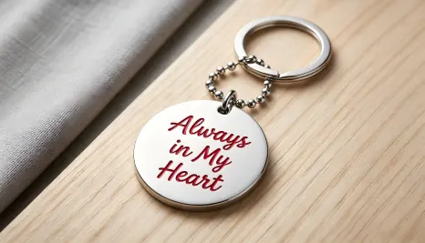 Round silver metal memorial disc keychain engraved with red script text Always in My Heart