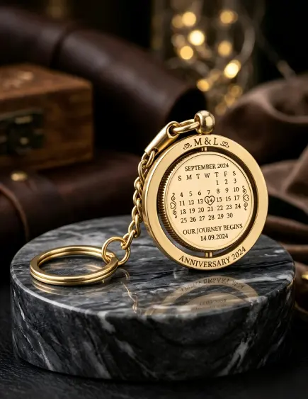 Custom gold spinning metal calendar keychain with engraved anniversary date on dark marble pedestal