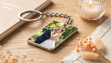Rectangular metal keychain with high-definition UV printed couple photo on wooden table