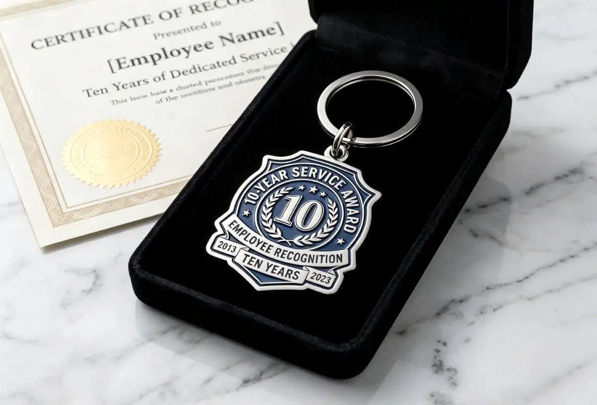 Custom 10-year employee work service award soft enamel keychain in velvet gift box Custom 10-year employee work service award soft enamel keychain in velvet gift box
