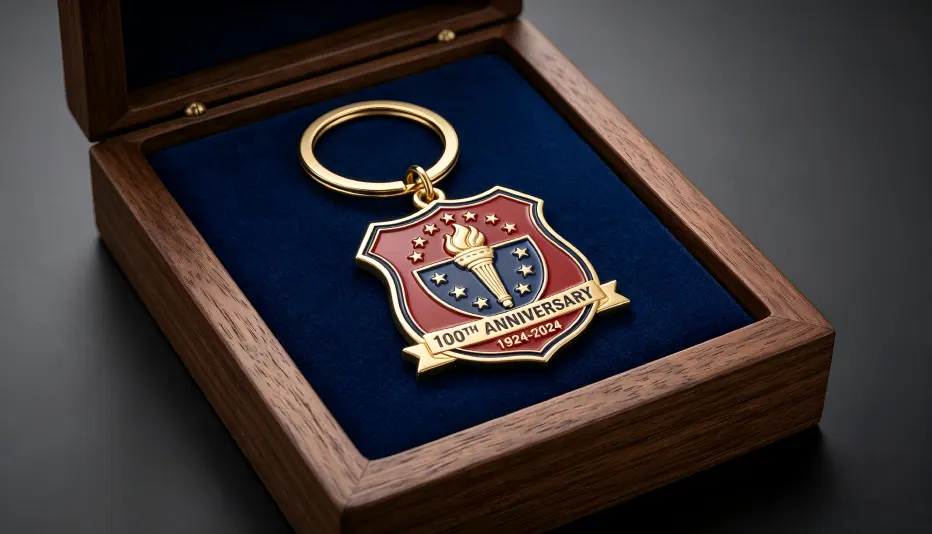 Custom 100th anniversary civic and military crest soft enamel keychain in wooden presentation box Custom 100th anniversary civic and military crest soft enamel keychain in wooden presentation box