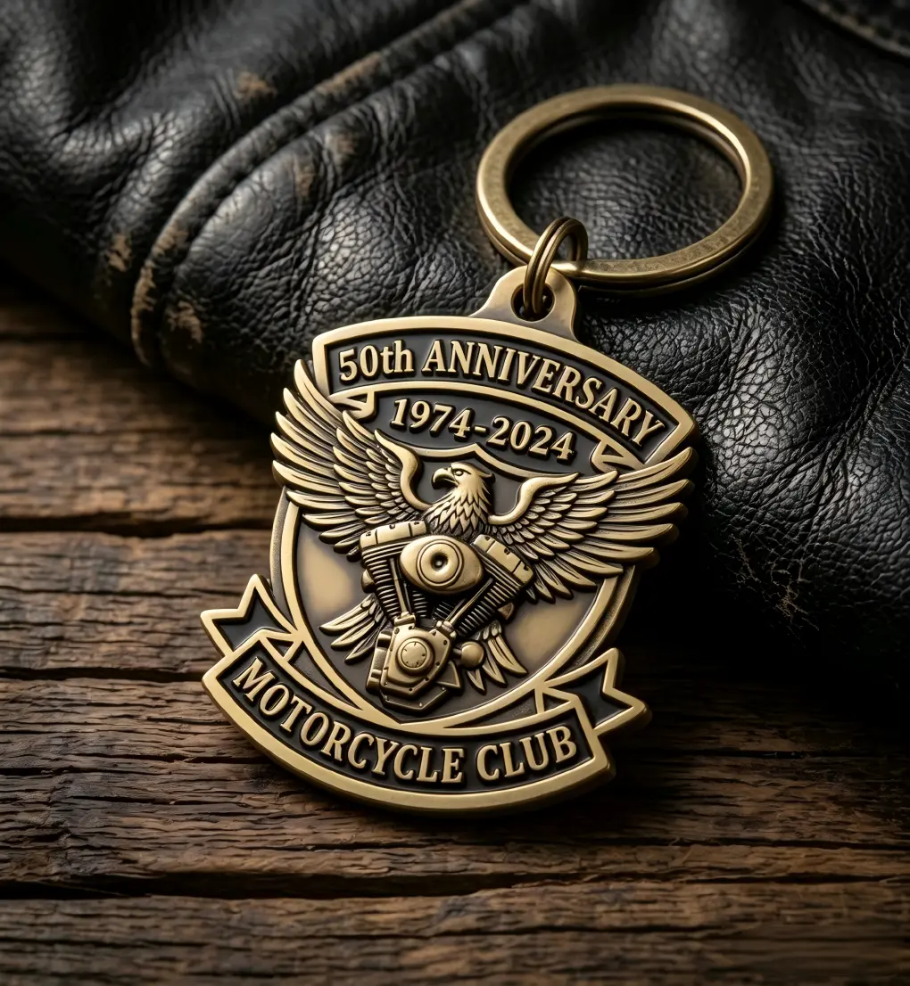 Custom 50th anniversary motorcycle club eagle soft enamel keychain on leather jacket Custom 50th anniversary motorcycle club eagle soft enamel keychain on leather jacket