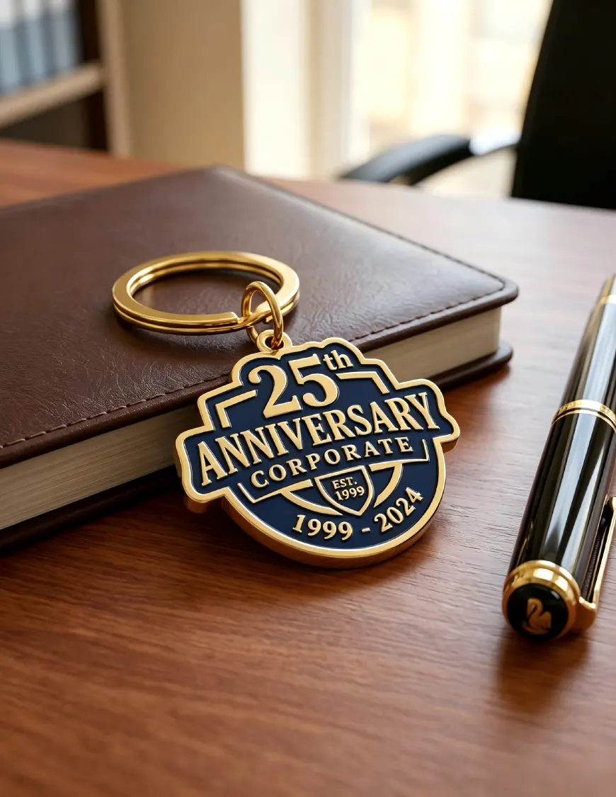 Custom 25th corporate anniversary soft enamel keychain with gold plating on executive desk Custom 25th corporate anniversary soft enamel keychain with gold plating on executive desk