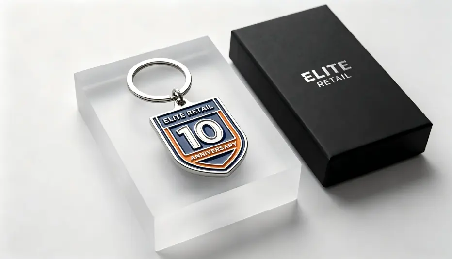 Custom 10th anniversary retail brand merchandising soft enamel keychain on display stand Custom 10th anniversary retail brand merchandising soft enamel keychain on display stand